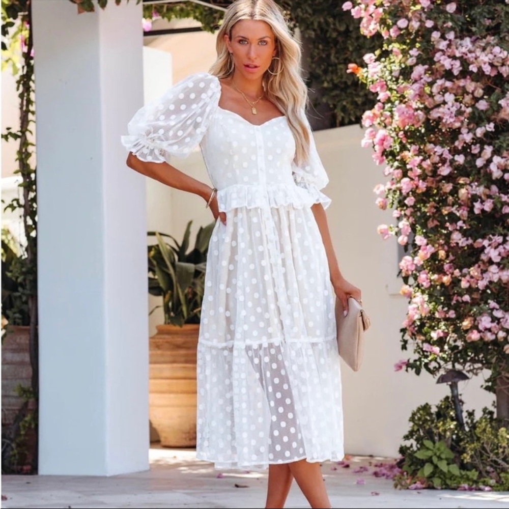 Vici Celestina White Polka Dot Swiss Dot Peplum Midi Dress